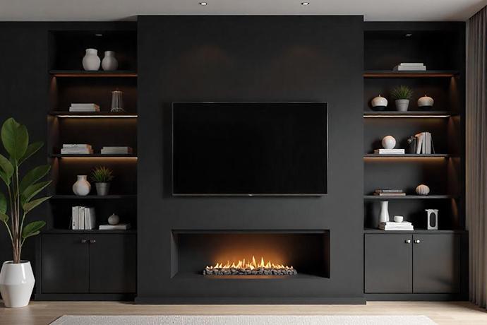 Cinewall met sfeerhaard en meubel Cinewall met sfeerhaard en meubel