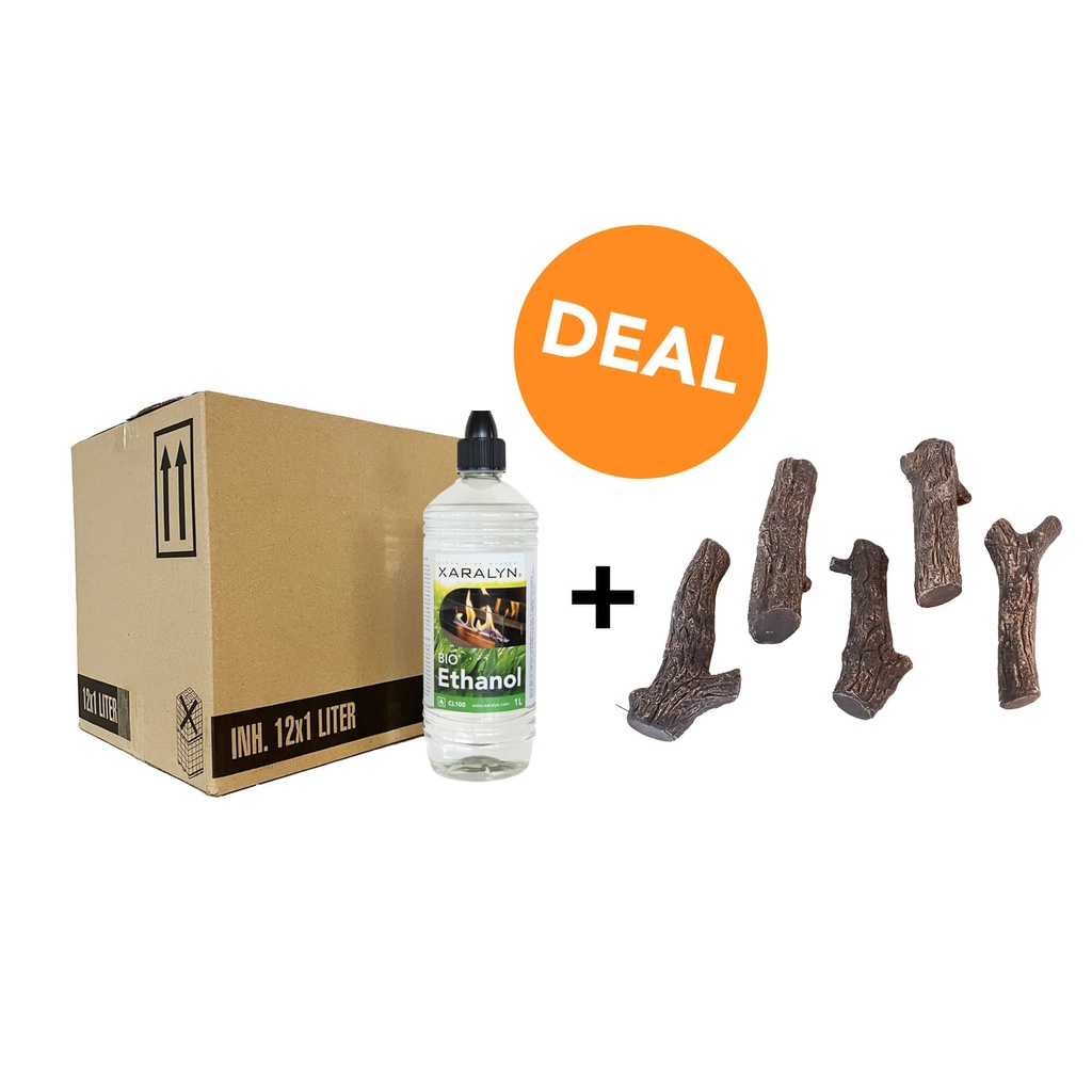 DEAL - Bio-ethanol CL100 (12X 1 liter)+ Ceramic log set (5-piece)