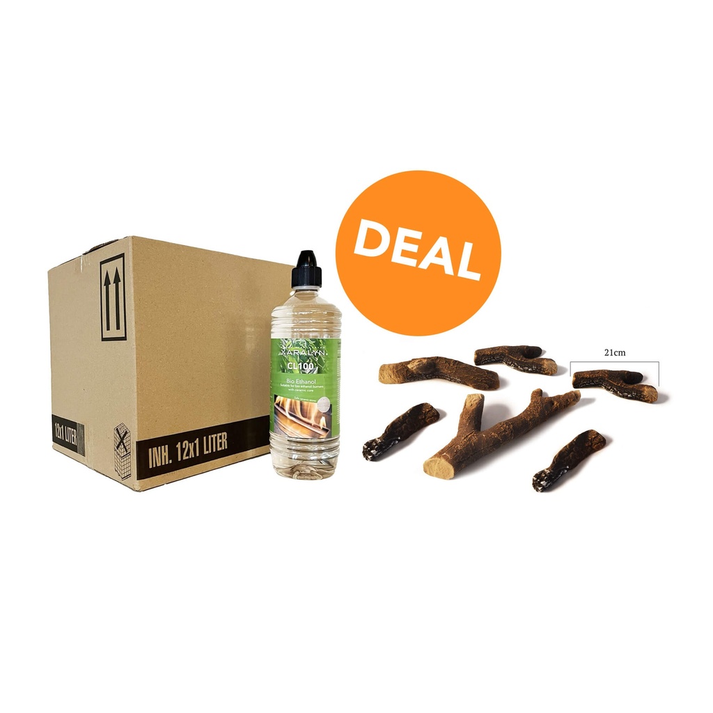 DEAL - Bioéthanol CL100 (12X 1 litre) + set de bois en céramique (6 pièces)